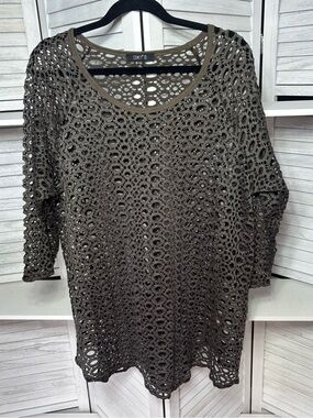 Comfy USA Open Crochet Mesh Tunic Top Brown 3/4 Sleeve XL Made in USA